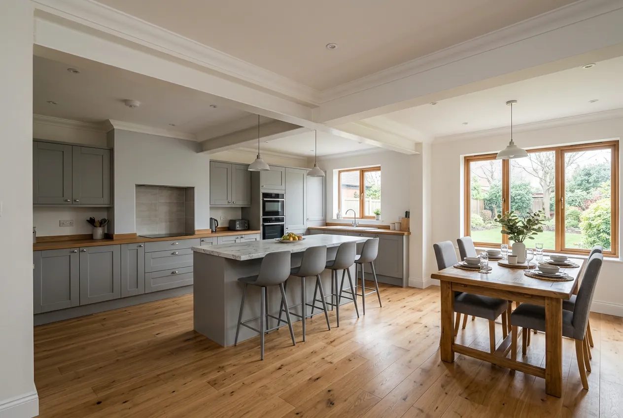 Open-plan kitchen diner with a boxed-in steel beam where a wall was removed