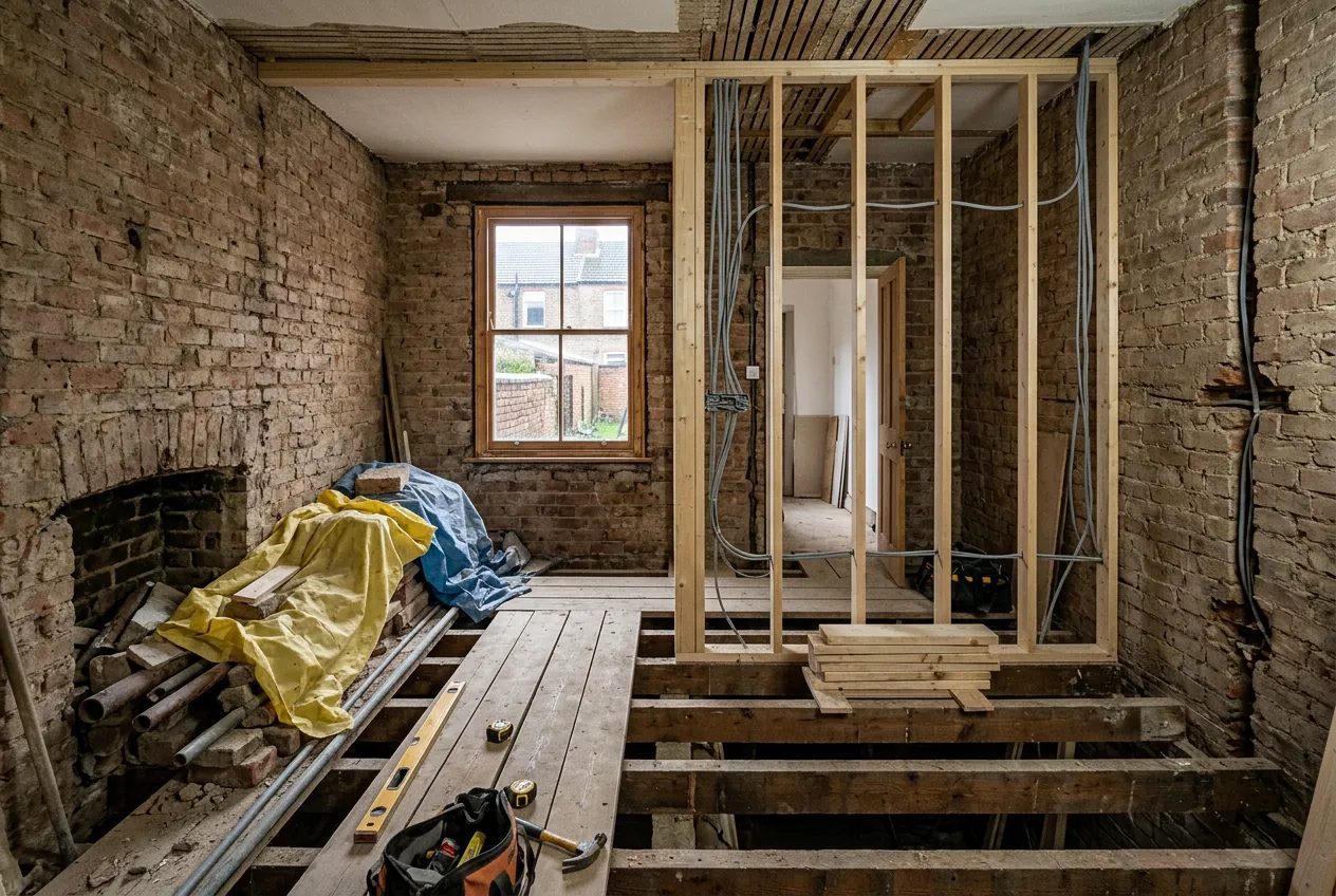 Terraced house interior stripped back to brick and joists during a full refurbishment